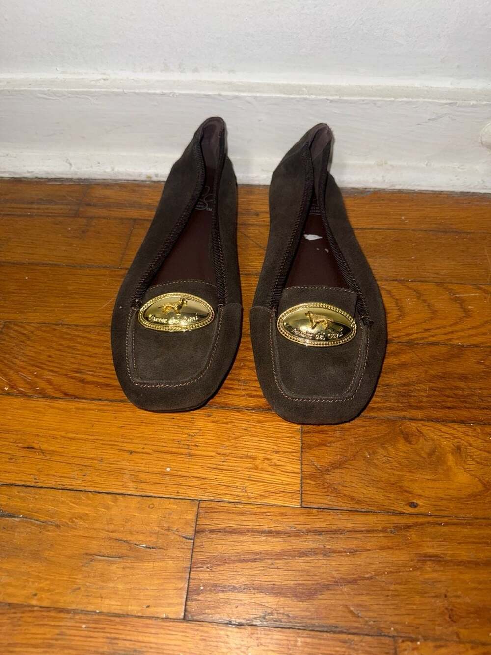 Amore dei cani Brown Suede Gold Accent Loafer Flats